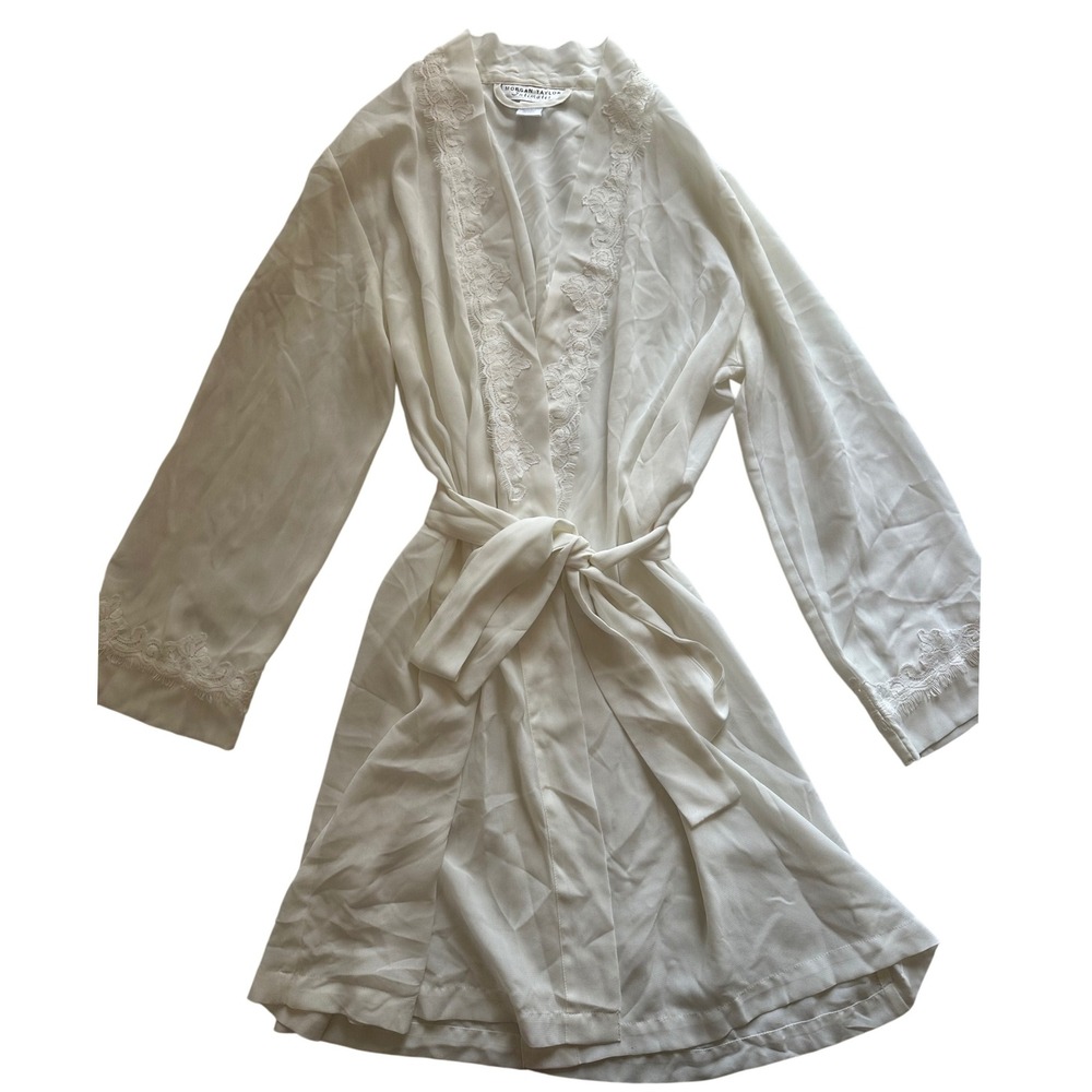 Morgan Taylor Intimates Ivory Lace Trim Kimono Robe Tie Waist Petite Medium‎